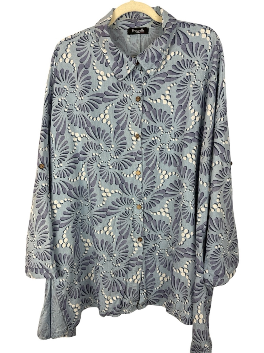 Froccella Italy Linen Cotton Blend Roll Tab Sleeve Abstract Print Tunic Shirt OS